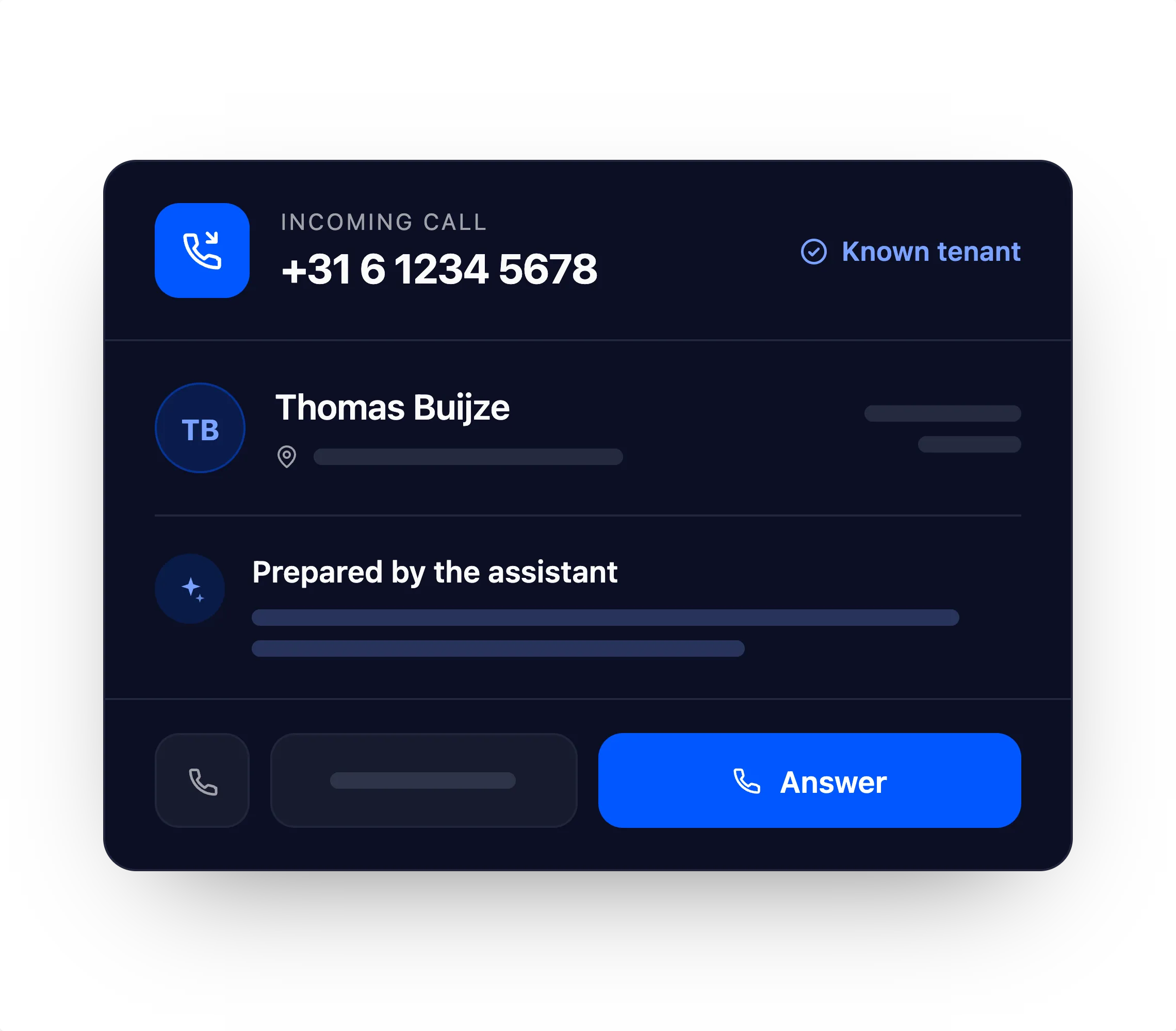 Screen showing an incoming call from a known tenant, with name, address and a summary prepared by the assistant.