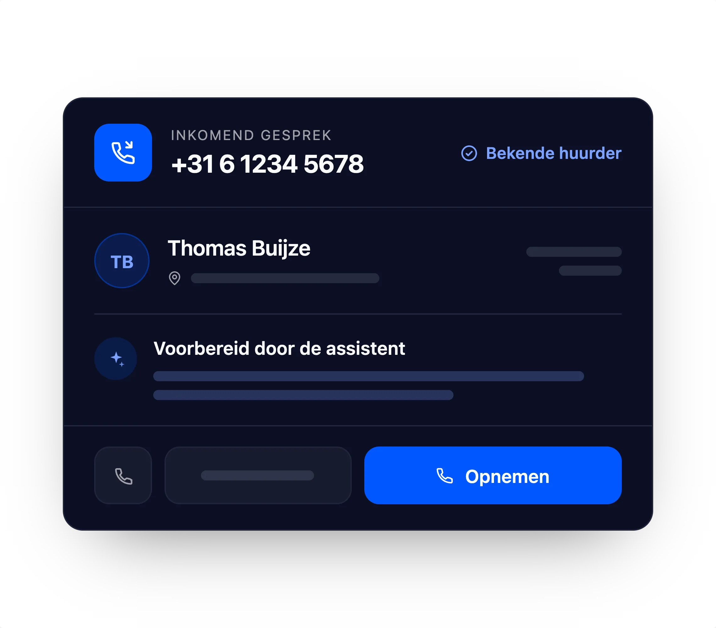 Scherm met een inkomend gesprek van een bekende huurder, met naam, adres en een door de assistent voorbereide samenvatting.