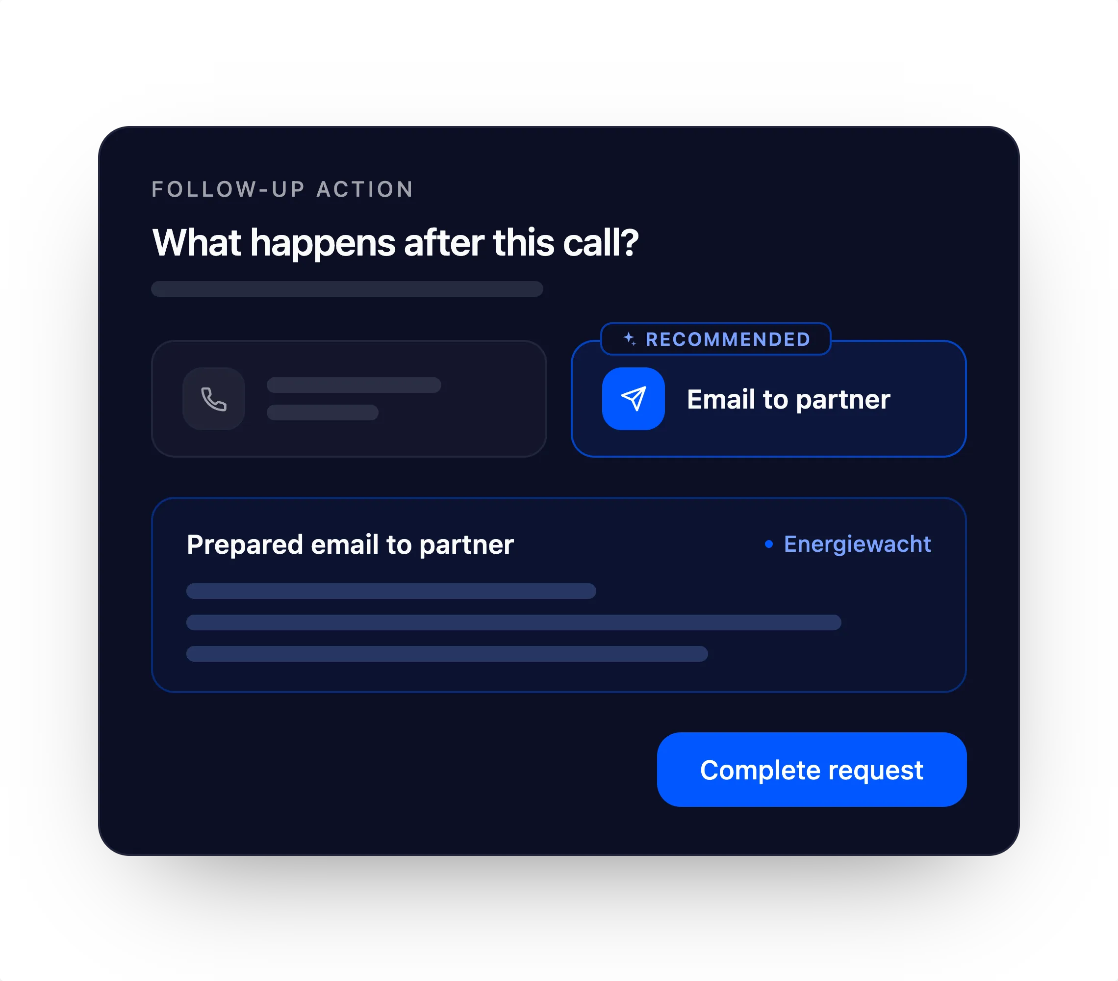Screen showing the follow-up action after the call: a recommended email to the partner, with the prepared email already drafted.