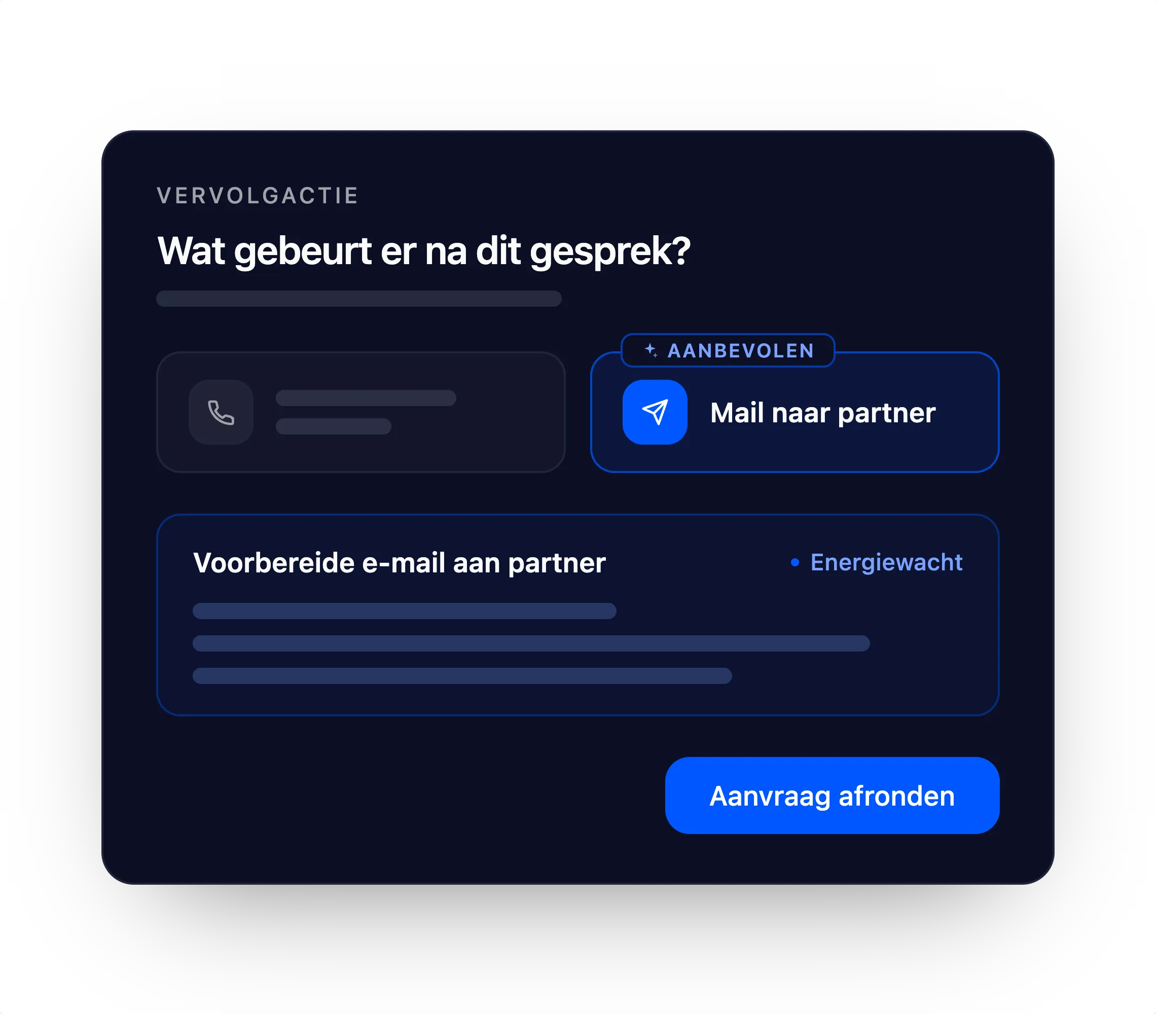 Scherm met de vervolgactie na het gesprek: een aanbevolen mail naar de partner, met de voorbereide e-mail al ingevuld.